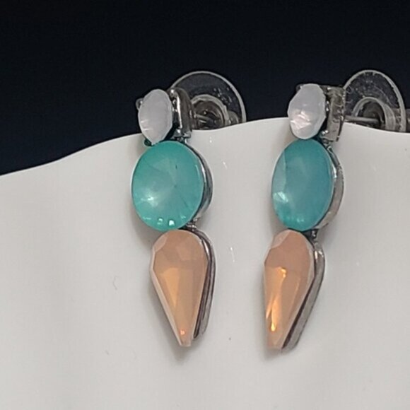 Vintage J Crew Turquoise Orange Crystal Drop Bar Colourblock Geometic Earrings - Picture 13 of 16